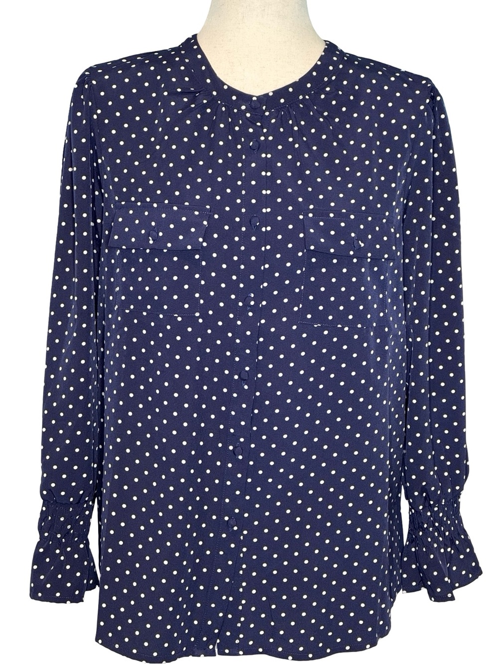 Notations Navy and White Polka Dot Button-Front Blouse